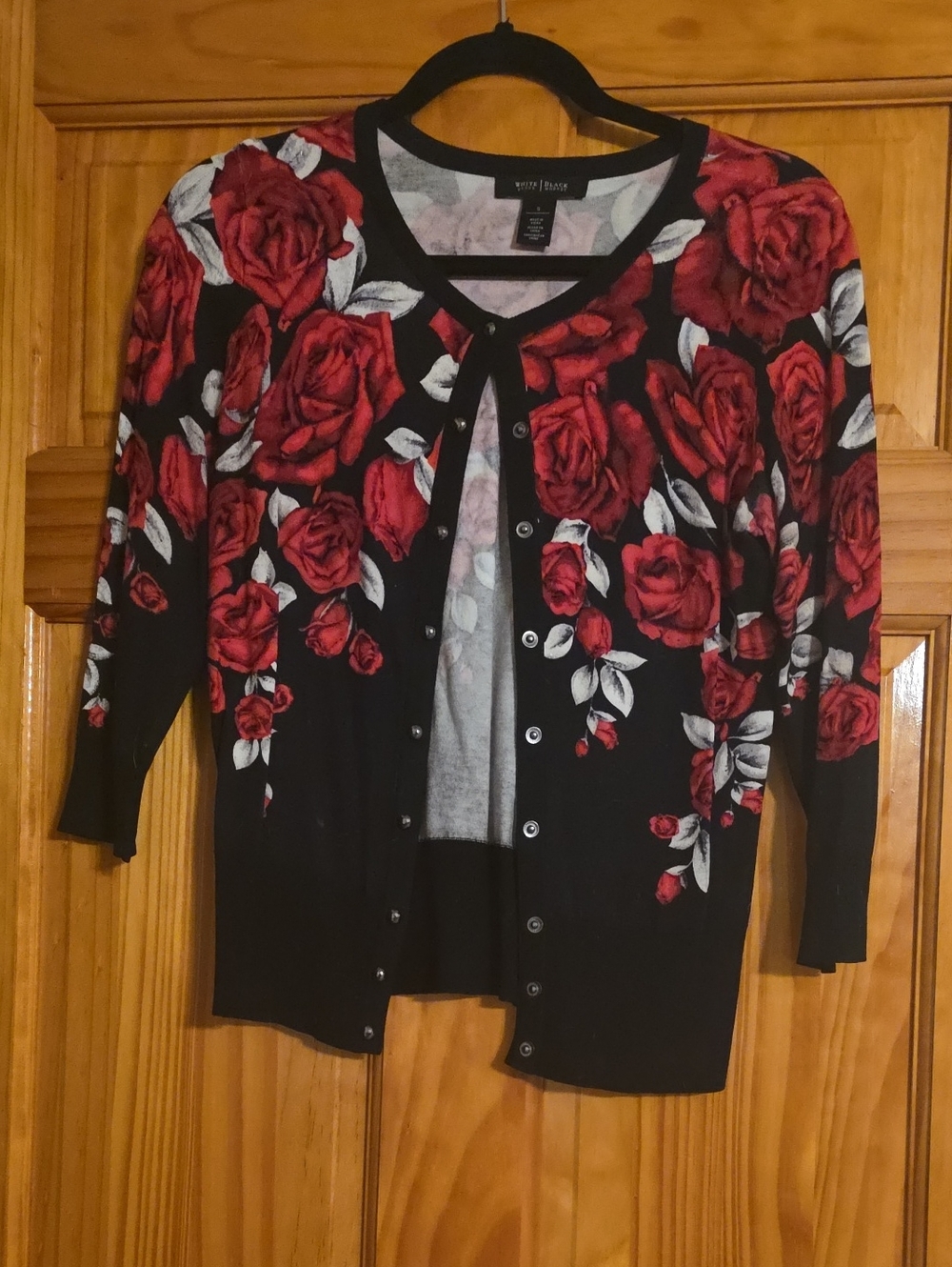 White House Black Market Black Cardigan with Red Rose Print and White Leaves